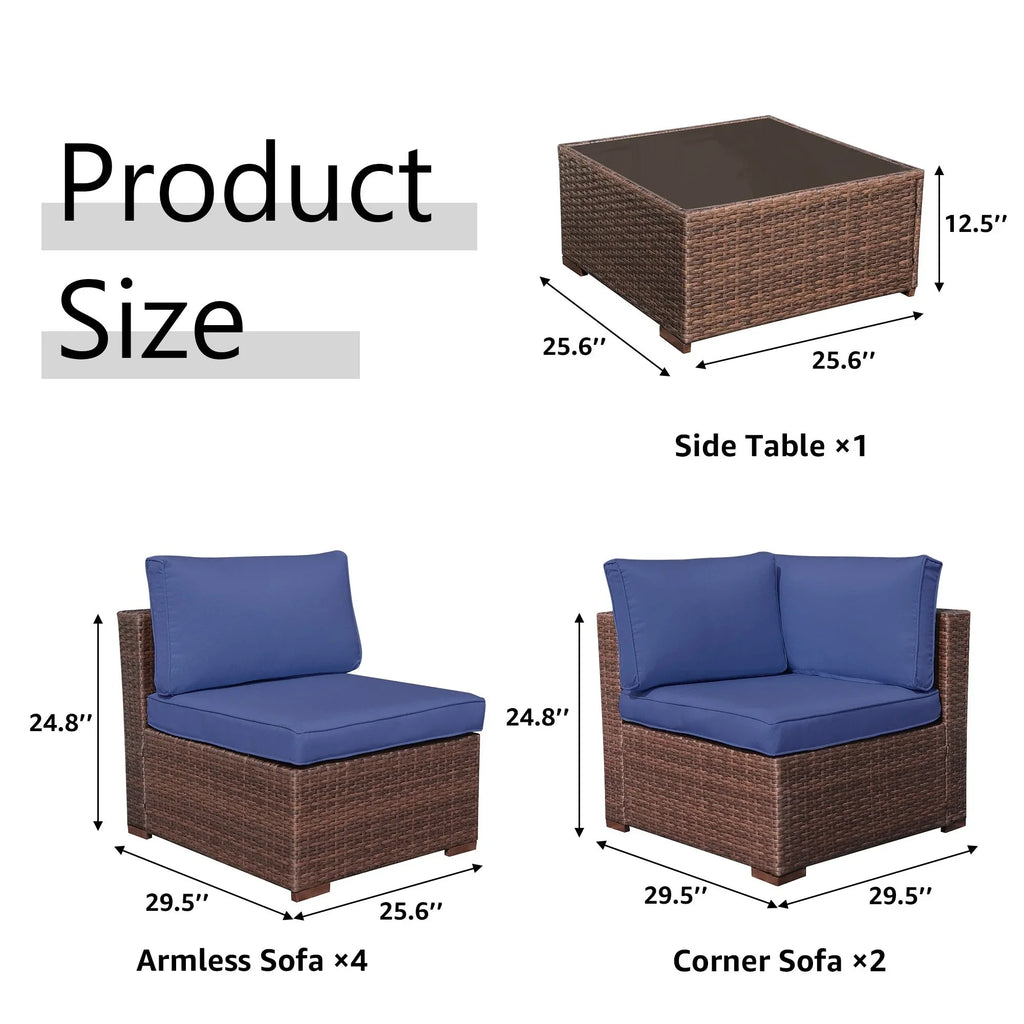 7-teiliges Outdoor-Sitzgruppen-Set aus Korbgeflecht und Stahl mit Polsterung