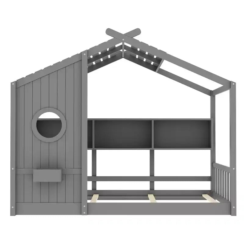 Twin/Full Size House Platform Bed Frame Toddler Floor Bed Kids Montessori Bed Playhouse Bed with Storage Shelf - ModernLuxe