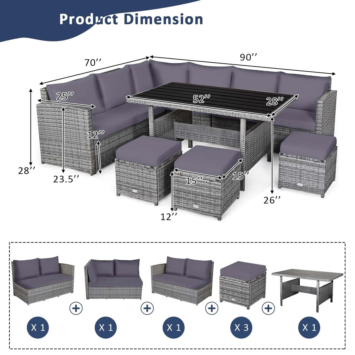 Costway 7-delige eethoek voor de patio van rotan, modulaire bank, fauteuil en voetenbank - Bekijk de details