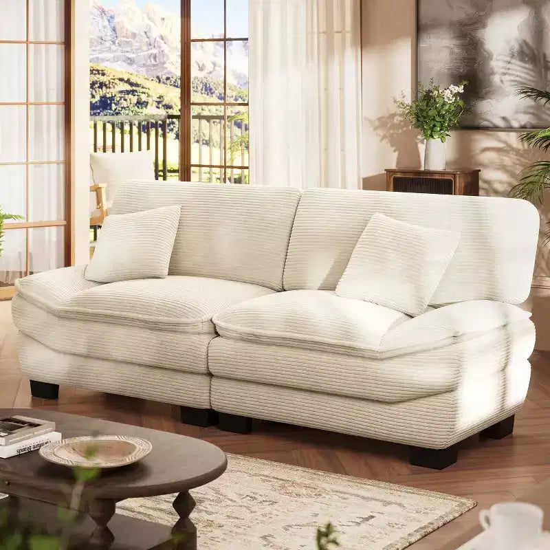 Beige corduroybank van 87 inch met 2 kussens, diep zitbank in de vorm van een zeilboot voor woonkamer, kleine ruimte, kantoor of appartement - Morden Fort