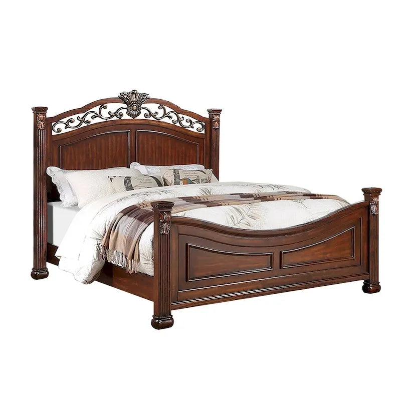 Lit en bois avec tête de lit ouvragée, coloris cerisier foncé