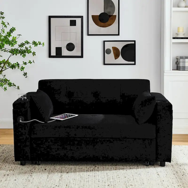 Sofa rozkładana 54, 2-osobowa sofa z funkcją spania i rozkładanymi fotelami, schowkiem, poduszką lędźwiową i gniazdem USB