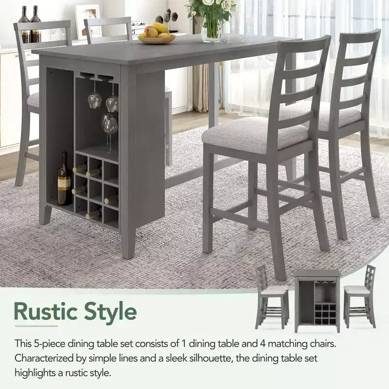 Ensemble de salle à manger de style maison de campagne 5 pièces, hauteur comptoir, avec chaises pour 4 personnes, table rectangulaire en bois avec étagères de rangement et compartiment pour bouteilles de vin