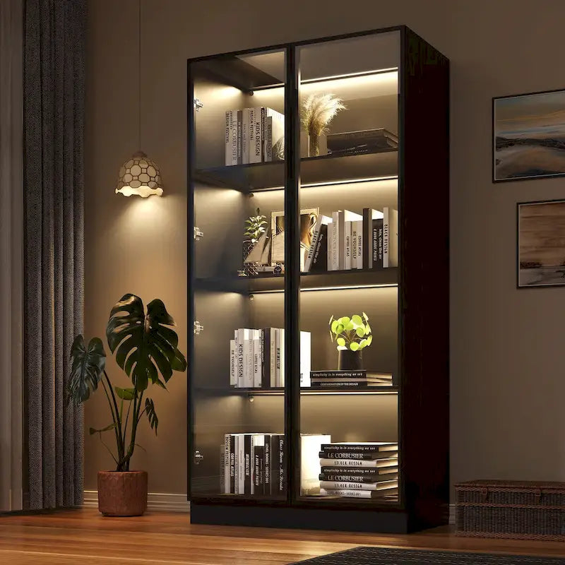 Vitrine de rangement, vitrine avec portes en verre trempé, présentoir avec 4 étagères de rangement