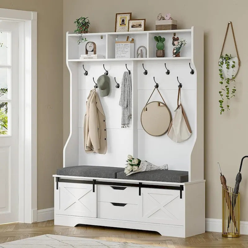 Vestiaire avec banc et rangement pour chaussures, portemanteau avec porte de grange