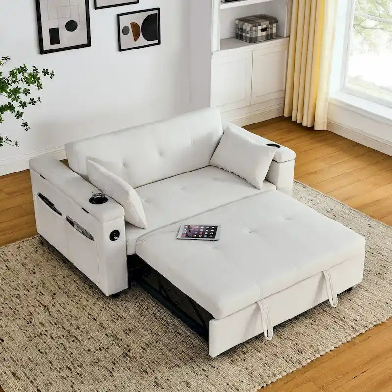 Sofa rozkładana 54, 2-osobowa sofa z funkcją spania i rozkładanymi fotelami, schowkiem, poduszką lędźwiową i gniazdem USB