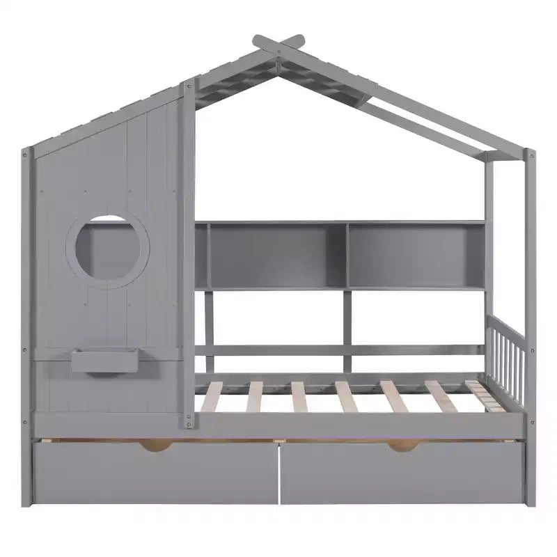 Holzhausbett in Twin-/Full-Größe mit 2 Schubladen, Kinderbett mit Ablagefach – ModernLuxe