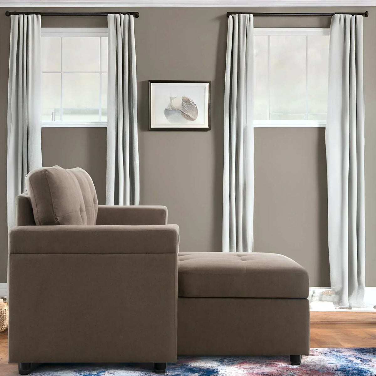 Divano componibile reversibile trasformabile con letto estraibile, chaise longue con contenitore nascosto e gambe resistenti