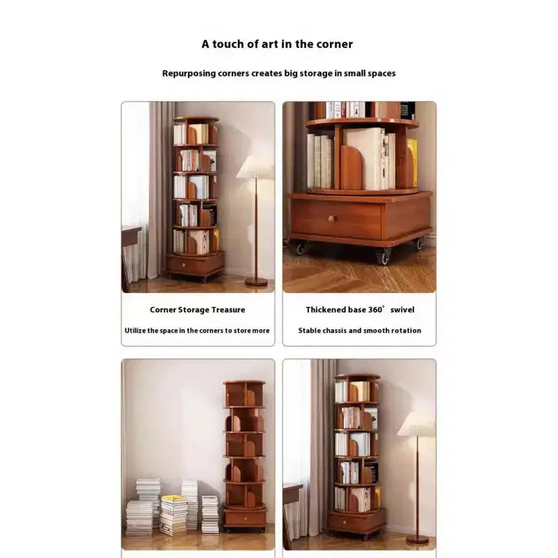 Libreria angolare Chic Crate a 6 ripiani con rotazione a 360° e ruote, libreria stretta per piccoli spazi, marrone noce