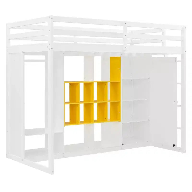 Letto a soppalco per bambini con armadio e mensole, struttura letto a soppalco in legno con mobile contenitore per bambini e ragazzi