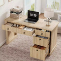 Geriffelter Stauraum-Schreibtisch fürs Homeoffice, moderner Chefschreibtisch mit 54 Zoll und Ladestation, Computertisch aus Holz mit Aktenschubladen fürs Arbeitszimmer