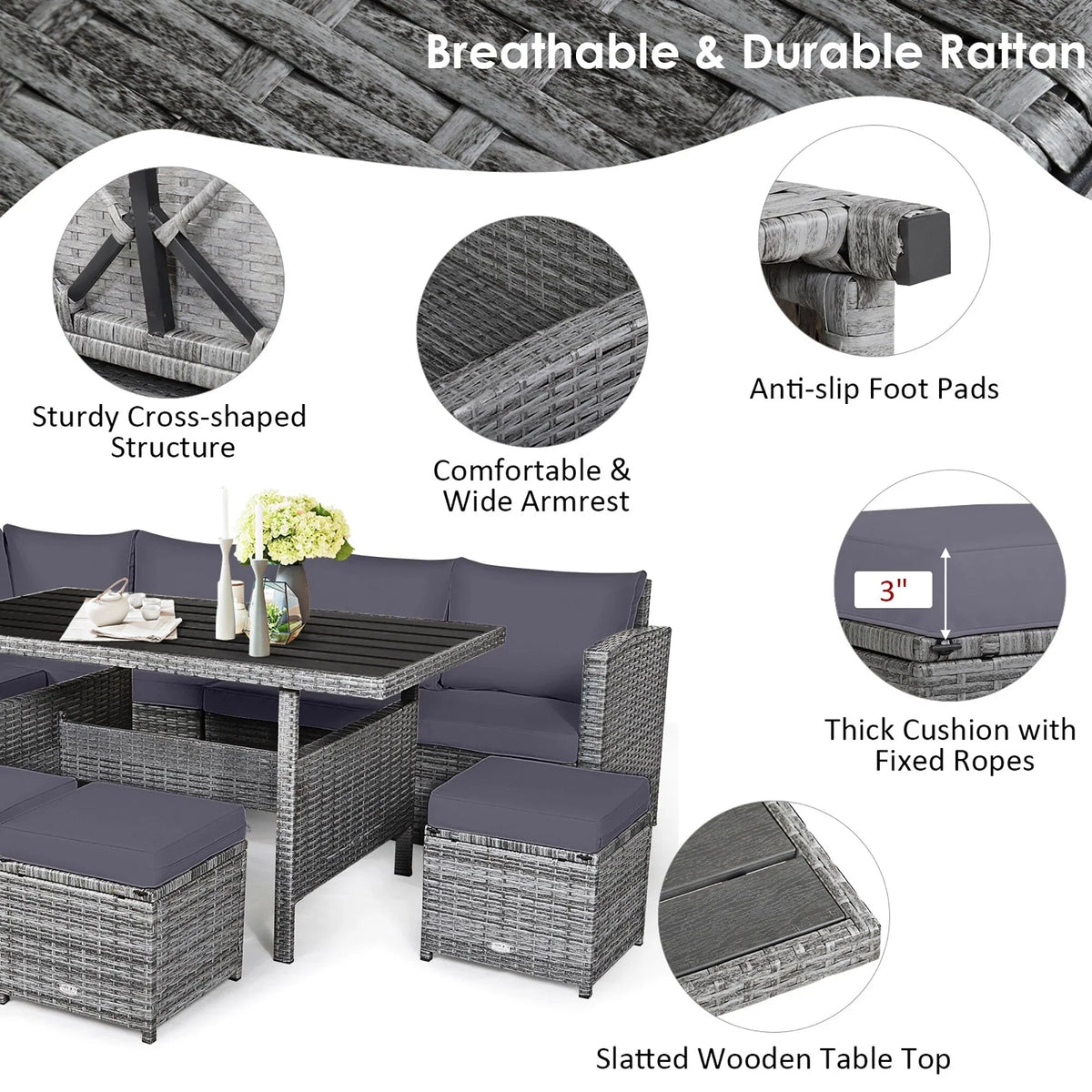 Costway 7-delige eethoek voor de patio van rotan, modulaire bank, fauteuil en voetenbank - Bekijk de details
