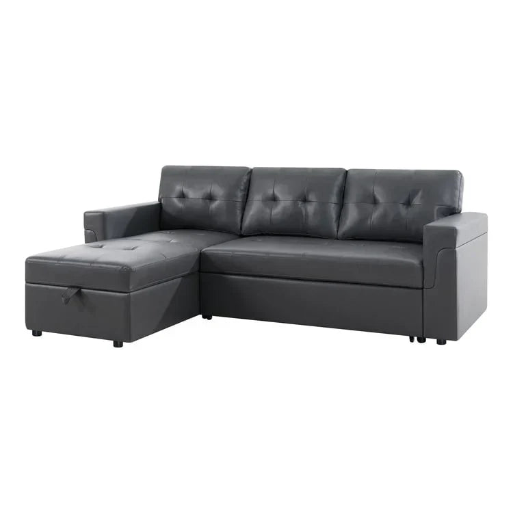 Divano componibile reversibile trasformabile con letto estraibile, chaise longue con contenitore nascosto e gambe resistenti