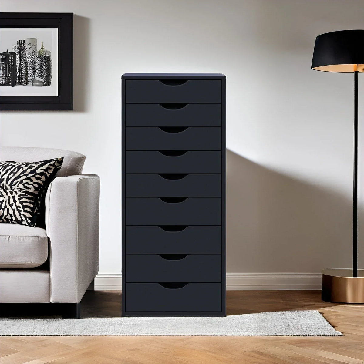 Smalle houten kast met 9 laden, soepel glijdende laden en bovenste opbergplank
