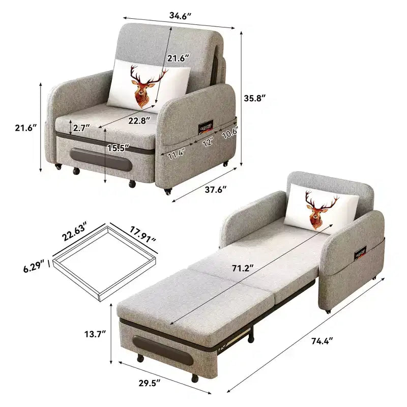 Fauteuil-lit convertible 3-en-1 Gaoyangjiaju avec tiroir de rangement - canapé-lit gigogne avec poche latérale et oreiller - gris