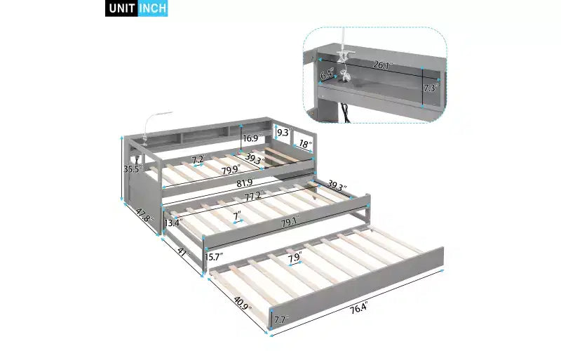 Whisen Twin XL Wood Daybed with 2 Trundles, 3 Storage Cubbies, 1 Light for Free and USB Charging Design