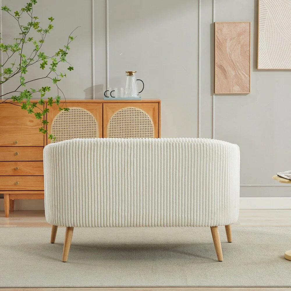 2-zitsbank met bekleding van corduroy en houten poten in walnootkleur