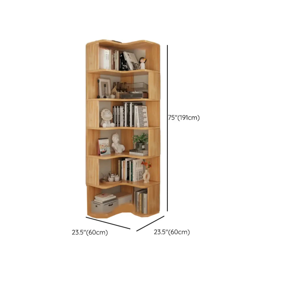 Bibliothèque verticale en bois en forme de L, finition naturelle, dos ouvert