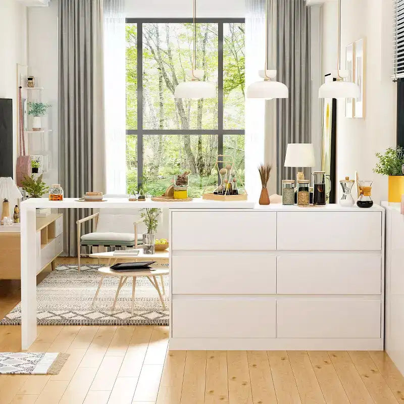 Credenza buffet girevole/estensibile intelligente con 6 cassetti, piano di lavoro estensibile, tappetino antiscivolo, tavolo da pranzo girevole, dispensa a isola da cucina