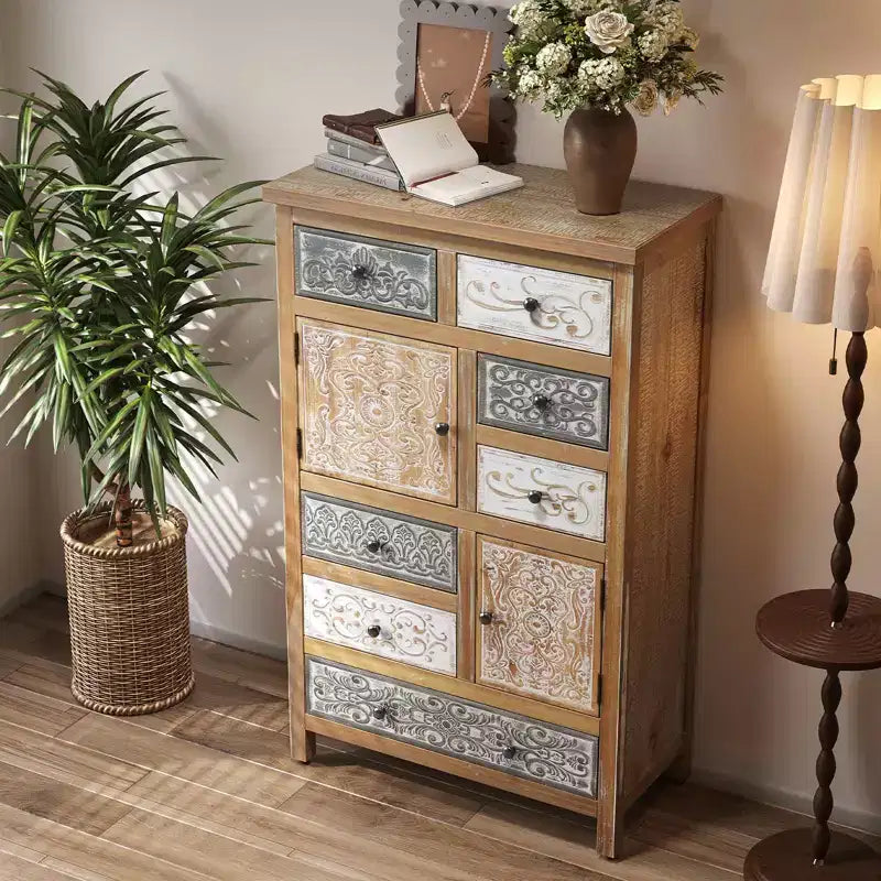 Vintage houten accentkast met 6 laden en 2 kasten, rustieke, veelkleurig gesneden opbergkast voor de woonkamer