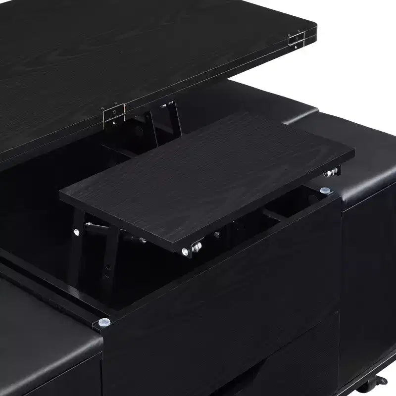 Table basse moderne multifonctionnelle relevable avec rangement dissimulé, 4 tabourets et roulettes, idéale pour les espaces de vie modernes