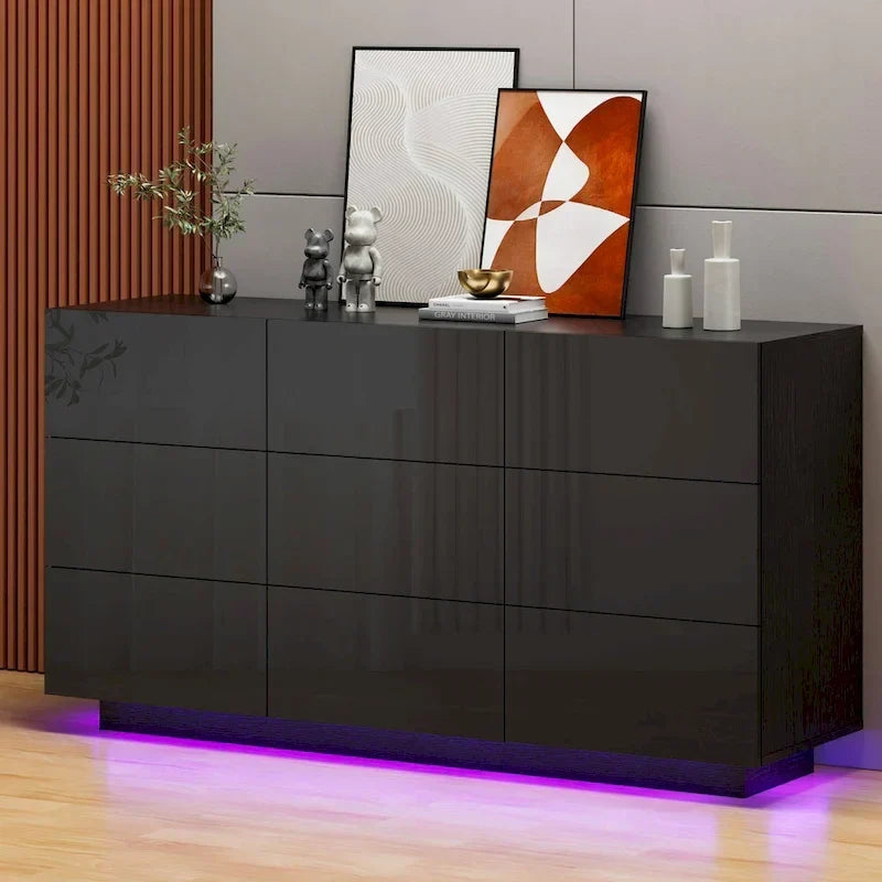 Meuble de rangement et commode à 9 tiroirs, armoire colonne organisatrice pour chambre avec éclairage