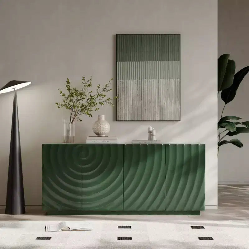 59 moderner Spiralen-Sideboard-Schrank, niedriges dekoratives Aufbewahrungsmöbel für den Eingangsbereich mit Türen in 3D-Wellenoptik