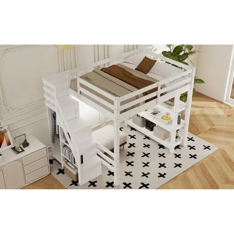 Hoch-/Etagenbett in Full-/Twin-Größe mit Stauraumtreppe – Regale, Kleiderschrank und LED-Beleuchtung, platzsparendes Design