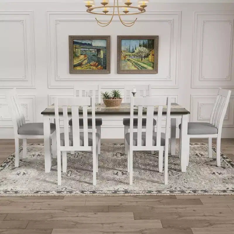 Farmhouse Extendable Dining Table Set for 6, Rectangular Table and 6 Upholstered Chairs