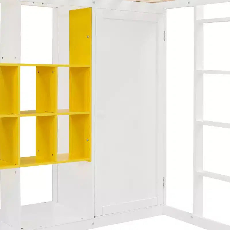 Letto a soppalco per bambini con armadio e mensole, struttura letto a soppalco in legno con mobile contenitore per bambini e ragazzi