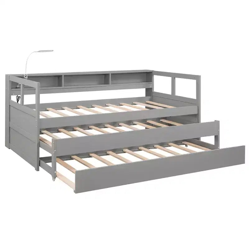 Whisen Twin XL Wood Daybed with 2 Trundles, 3 Storage Cubbies, 1 Light for Free and USB Charging Design