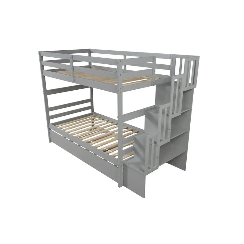 Letto a castello singolo su singolo con letto estraibile singolo e vano portaoggetti integrato nella scala, colore grigio