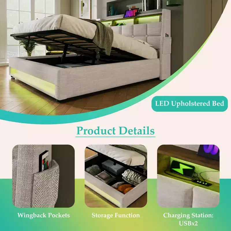 Lit deux places avec rangement hydraulique, LED et USB, tête de lit rembourrée, sans sommier tapissier, montage facile