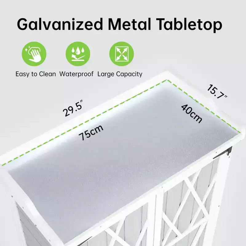 Outdoor Storage Cabinet, Potting Bench - Waterproof Wooden Garden Work Station with Galvanized Tabletop, Adjustable Shelves for Backyard/Patio/Lawn