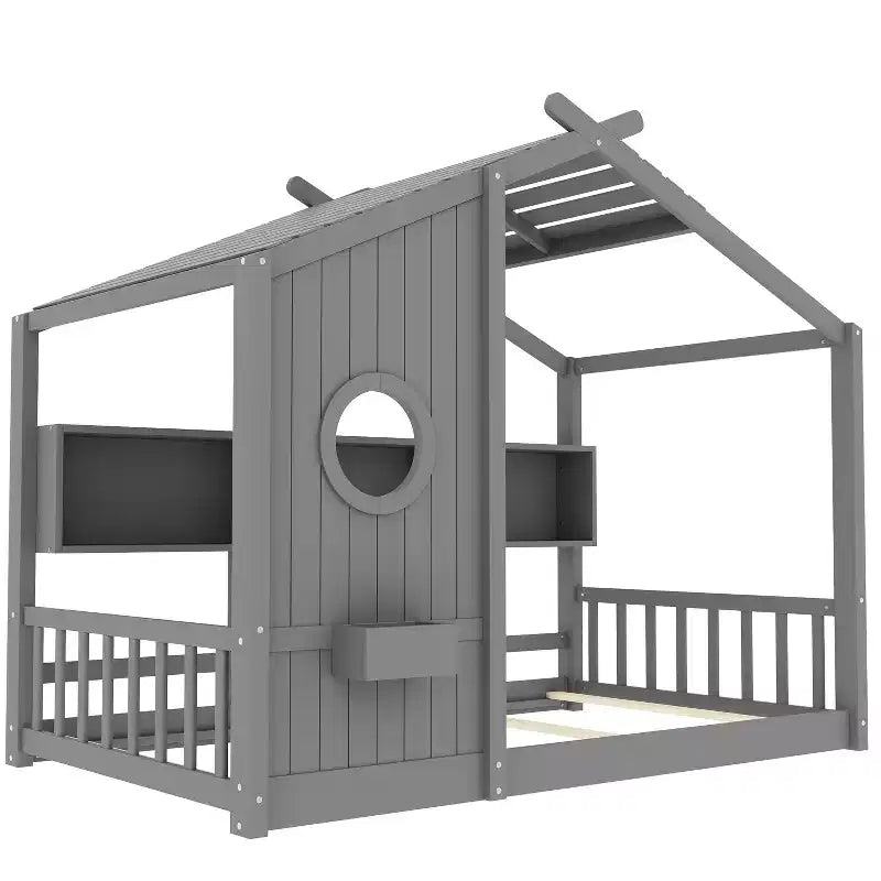 Twin/Full Size House Platform Bed Frame Toddler Floor Bed Kids Montessori Bed Playhouse Bed with Storage Shelf - ModernLuxe