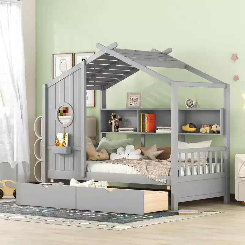 Holzhausbett in Twin-/Full-Größe mit 2 Schubladen, Kinderbett mit Ablagefach – ModernLuxe