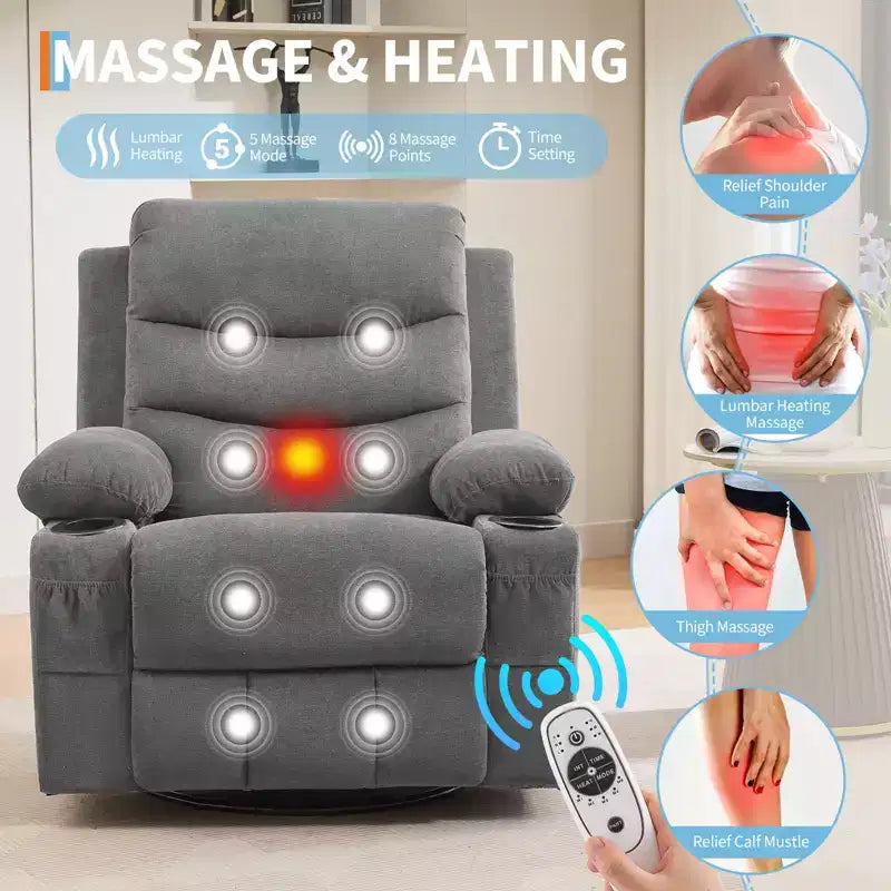 Draaibare relaxfauteuil met massage en warmte, 360°-schommelstoel met bekerhouders en zijvakken, ergonomische loungestoel voor woonkamer, camper en babykamer