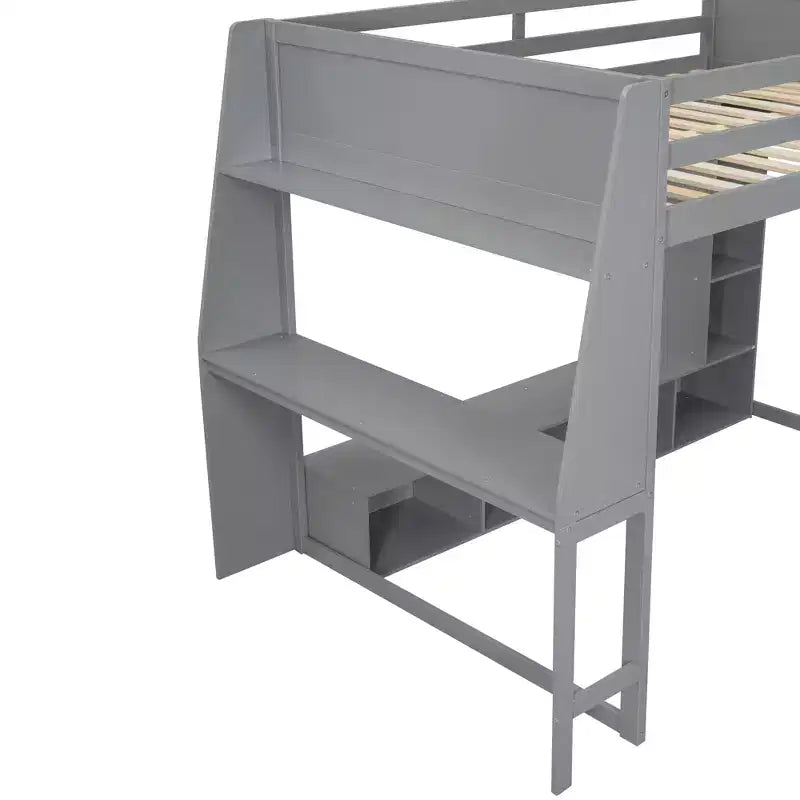 Whisen houten gaminghoogslaper voor eenpersoonsmatras met bureau, meerdere opbergplanken, ledverlichting en hangende kledingroede