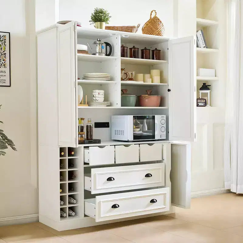 Whisen vrijstaande voorraadkast voor de keuken van 71 inch hoog, grote opbergkast voor eetkamer, dressoir met 4 vouwdeuren, planken en wijnrekken
