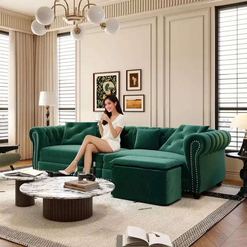 Whisen Samt-Schlafsofa in King-Size mit Ausziehfunktion und 3-in-1-Funktion, wandelbares Schlafsofa mit beweglichem Hocker und Steppdesign