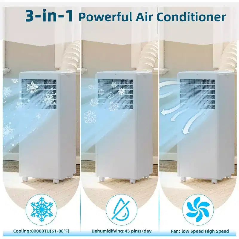 8K BTU Portable Air Conditioner - 3-in-1 Cooling, Dehumidifier & Fan for 350 Sq Ft with Sleep Mode & 1-Year Warranty