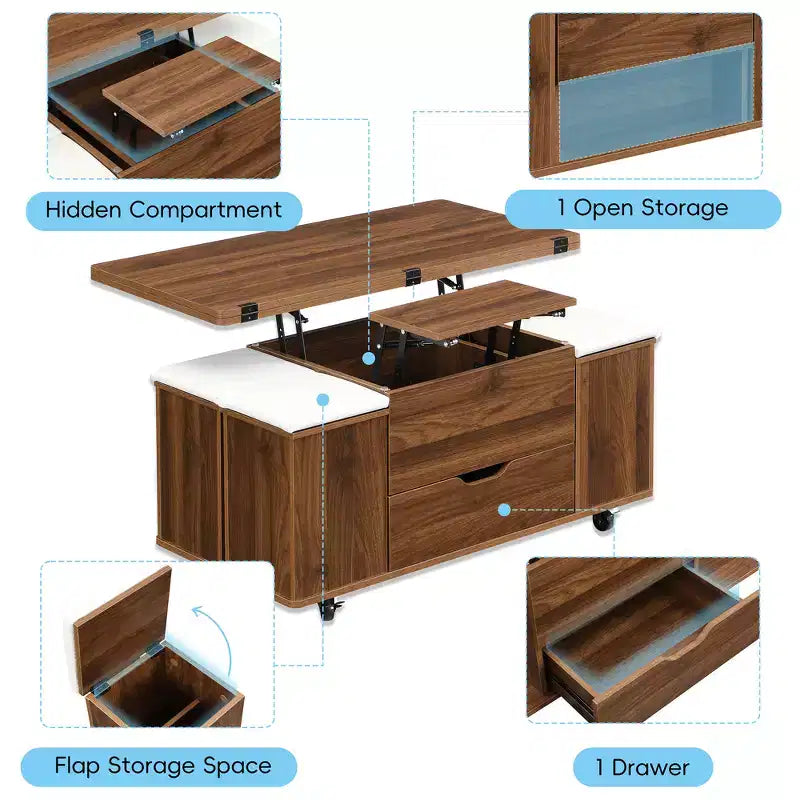 Table basse moderne multifonctionnelle relevable avec rangement dissimulé, 4 tabourets et roulettes, idéale pour les espaces de vie modernes