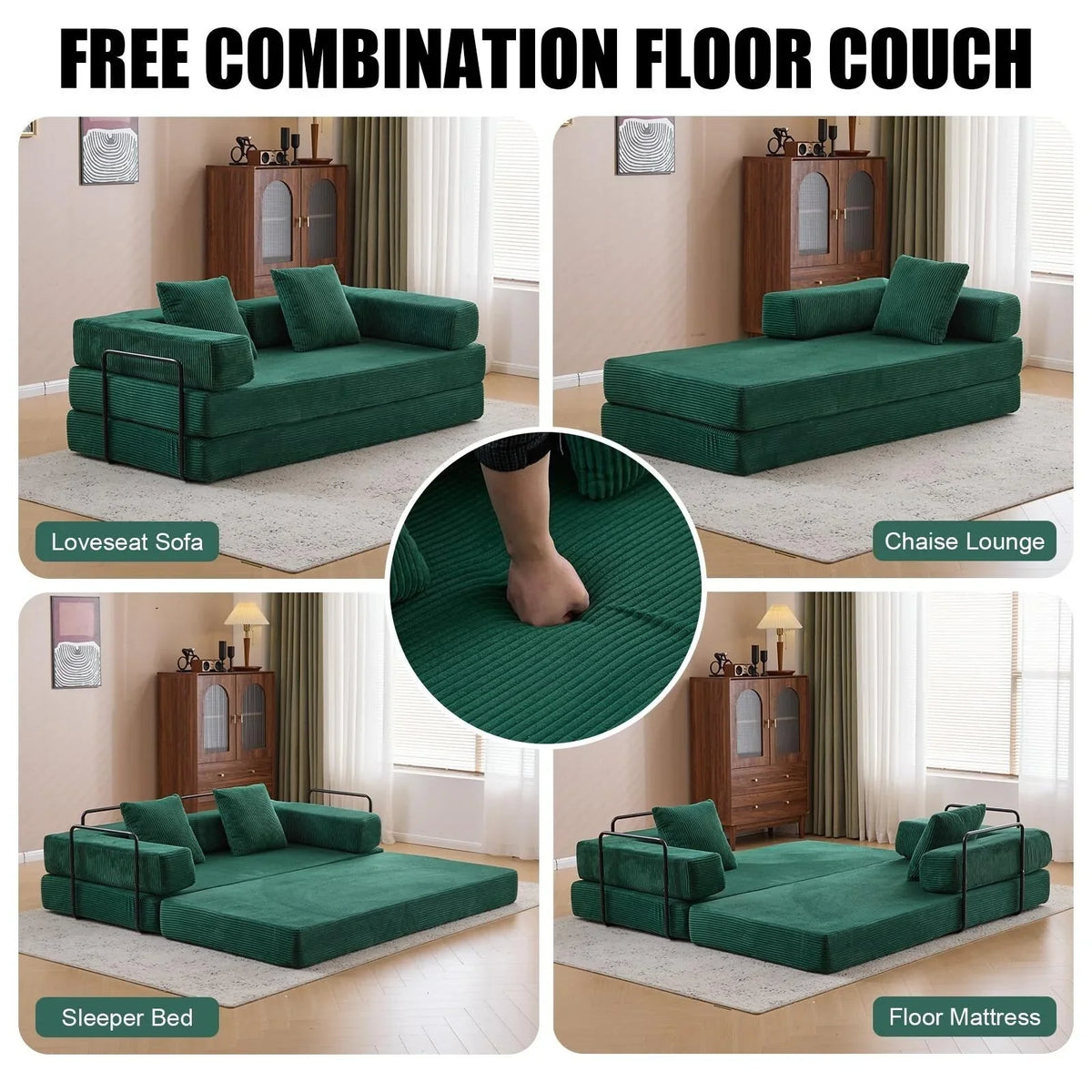 Convertible Floor Sofa Bed with Pillow Back Chenille Fabric for Living Room Bedroom