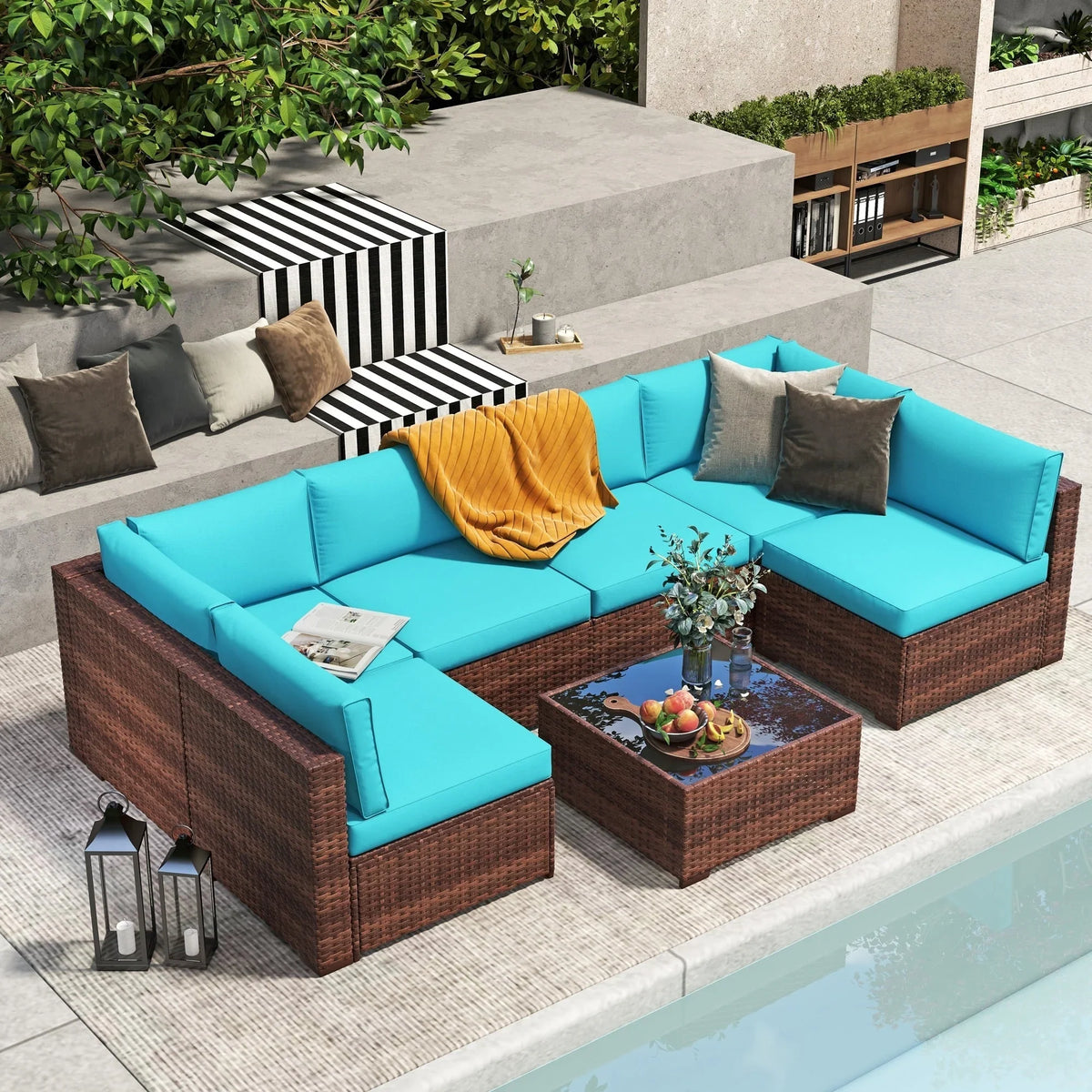 7-teiliges Outdoor-Sitzgruppen-Set aus Korbgeflecht und Stahl mit Polsterung