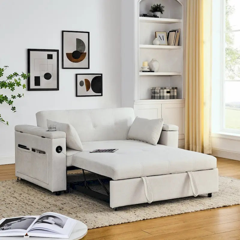 Sofa rozkładana 54, 2-osobowa sofa z funkcją spania i rozkładanymi fotelami, schowkiem, poduszką lędźwiową i gniazdem USB