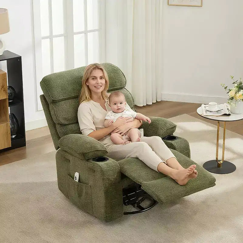Massagesessel mit Wippfunktion und Wärme, um 360° drehbarer Gleitsessel für Erwachsene, Leinen-Sessel für das Kinderzimmer mit Seitentasche und zwei Getränkehaltern