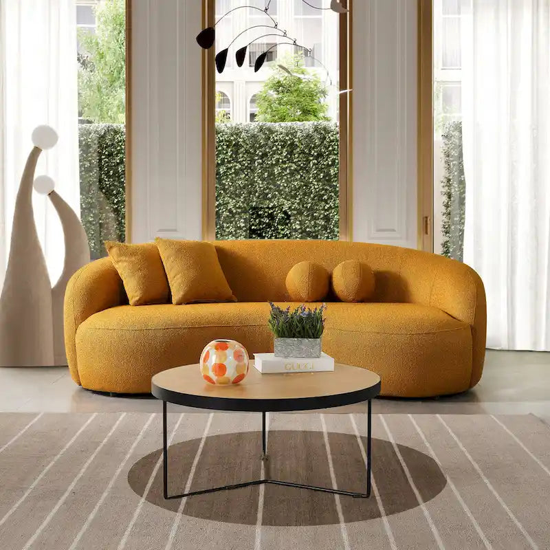Canapé incurvé moderne de luxe en tissu bouclé, style japandi, Blaine