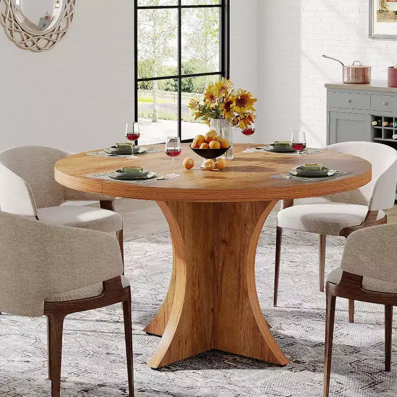 Lantine ronde eettafel van 47,24 inch voor 4-6 personen, landelijke keukentafel met voetstuk, kleine eettafel voor eetkamer en woonkamer, bruin