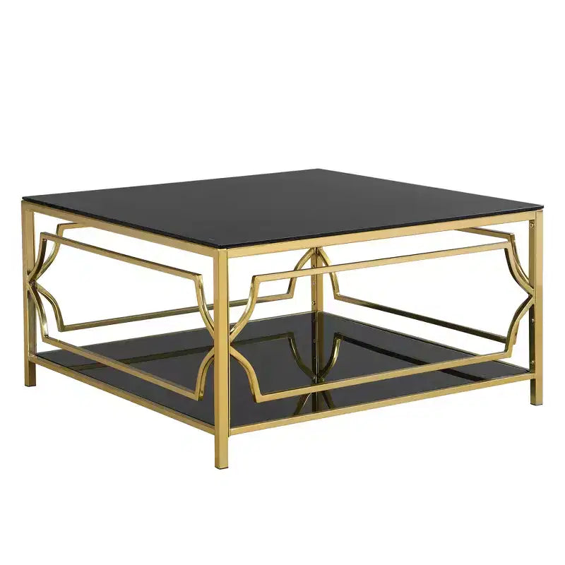 Merax Square Coffee Table with Black or Clear Glass Top and Two-Tier Display Shelf
