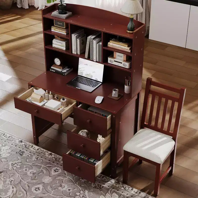 Escritorio de computadora de madera para oficina en casa Okak, con escritorio/silla y estantería, escritorio de estudio y escritura con almacenamiento para adolescentes y estudiantes